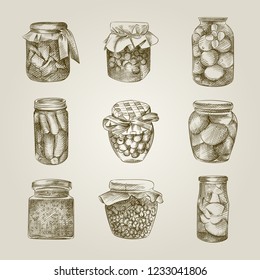 Set of Hand Drawn glass jars of picked vegetables and fruits. Collection Of decorative glass canning jars. Jar Sketches isolated on white background.