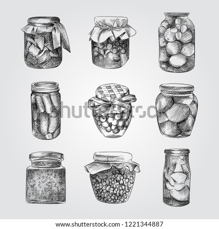 Set of Hand Drawn glass jars of picked vegetables and fruits. Collection Of decorative glass canning jars. Jar Sketches isolated on white background.