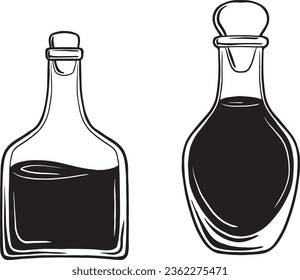 Set of Hand Drawn Glass Potion Bottles Illustration Vectors with Liquid Halloween Decor