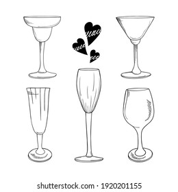 Set hand drawn glasses for alcoholic beverages isolated on a white background. Illustration in black and white graphic style, doodle. It can be used for decoration of textile, paper.