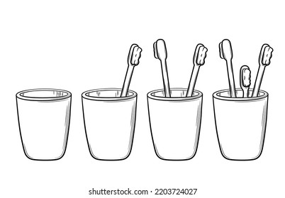 Set of hand drawn glasses with toothbrushes in doodle style for the whole family. The subject of a daily routine for oral hygiene. Isolated vector illustration