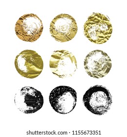 A set of hand drawn glitter, foil brush spots and splashes, ink and paint textures design elements. Gold and Black glittering grungy circles isolated on white. Vector Illustration EPS 10 file.