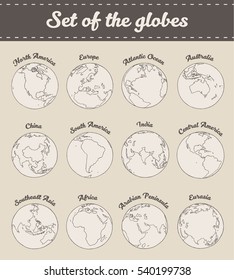 Conjunto de globos dibujados a mano, ilustración vectorial. América del Sur, América del Norte, América del Medio, África, Europa, Asia, Eurasia, Australia, Océano Atlántico, Península Arábiga, India, China.