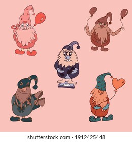 Set of hand drawn gnomes. vector illustration. Funny faces