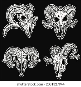 Set Hand drawn Goat Skull Head Dark Art with Different Angel Hatching Outline Style illustration