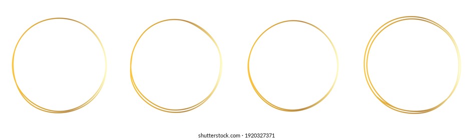 Set of hand drawn gold circle, sketch lines. Vector circular doodle frame, doodle golden circles Isolated on white background