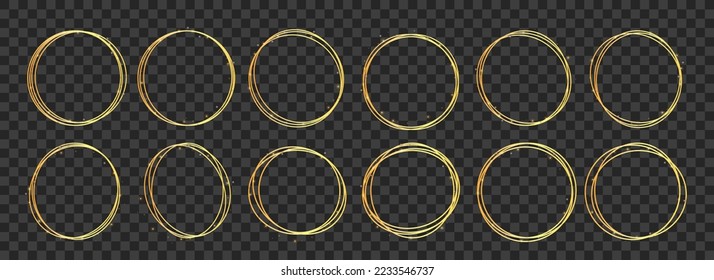 Set of hand drawn gold circle, sketch lines. Scribble round shapes, tattoo templates. Round logo elements collection. 