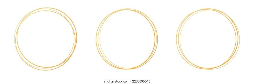 Set of hand drawn gold circle, sketch lines. Gold round frame collection on white background. Set of hand drawn doodle golden circle