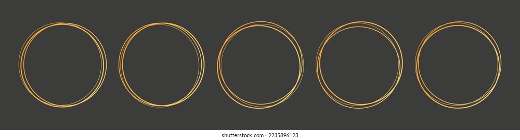 Set of hand drawn gold circle, sketch lines. Gold round frame collection.

