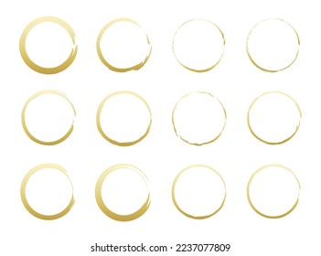 Set of hand drawn gold circle, sketch lines. Gold round frame collection on white background. Set of hand drawn doodle golden circle.	