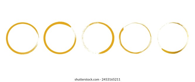 Set of hand drawn gold circle, sketch lines. Gold round frame collection on white background. Set of hand drawn doodle golden circle.