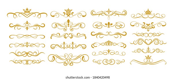 Set of hand drawn gold design elements on a white background. Royal style ornaments for your design: wedding cards, invitations, borders, curls, scrolls and dividers. Vector illustration.