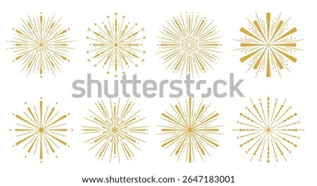 Set of hand drawn gold fireworks. Abstract doodle fireworks collection