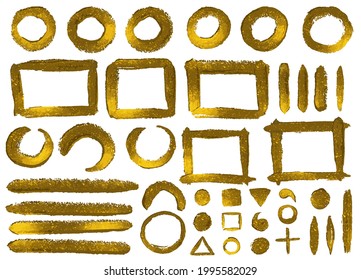 Set of hand drawn gold glitter paint frames and elements