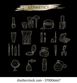 Set hand drawn gold icon cosmetics. Vector illustration.