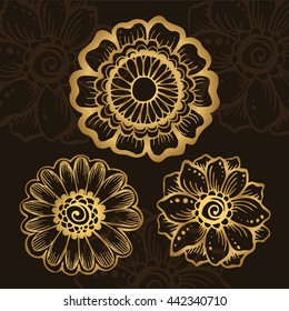Set of  hand drawn gold mehendi flowers. Can be used for coloring books, tattoo, mehendi and others.