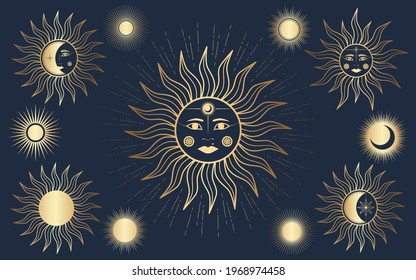 Set. Hand drawn gold mystical Sun with woman's face, star, moon in line art. Spiritual symbol celestial space. Magic talisman, antique style, vintage, boho, tattoo. Astronomy vector illustration