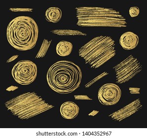 Set of hand drawn gold pencil scribble round and square grunge rough foil frames. Golden coal edge textures. Vector isolated hatch elements.