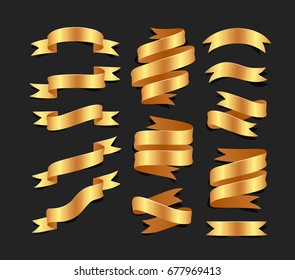Set of hand drawn gold satin ribbons on blacke background isolated. Flat objects for your design. Vector art illustration