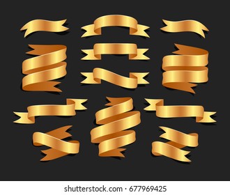 Set of hand drawn gold satin ribbons on blacke background isolated. Flat objects for your design. Vector art illustration