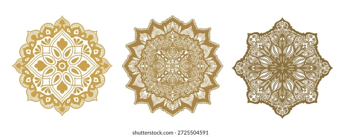 Conjunto de mandalas de zentangle de oro dibujado a mano, mandala para henna, mehendi, tatuaje, Elementos ornamentales étnicos decorativos, patrones orientales. Mandalas Doodle. Mandalas florales, abstractos para colorear libro.