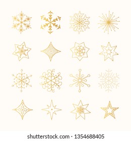 Set of hand drawn golden christmas snowflakes and winter stars. Gold vector elements for gift cards, invitation. 