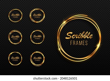 Set of hand drawn golden circles. Drawn circles sketch. Gold frames on a dark background.Scribble circles frames.