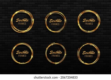 Set of hand drawn golden circles. Gold frames on a dark background. Drawn circles sketch.