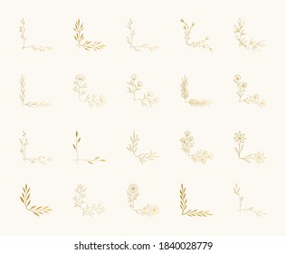 Set of hand drawn golden corners and page decorations. Fancy ornate design for wedding invite.