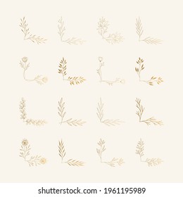 Set of hand drawn golden corners and page decorations. Fancy ornate design for wedding invite.