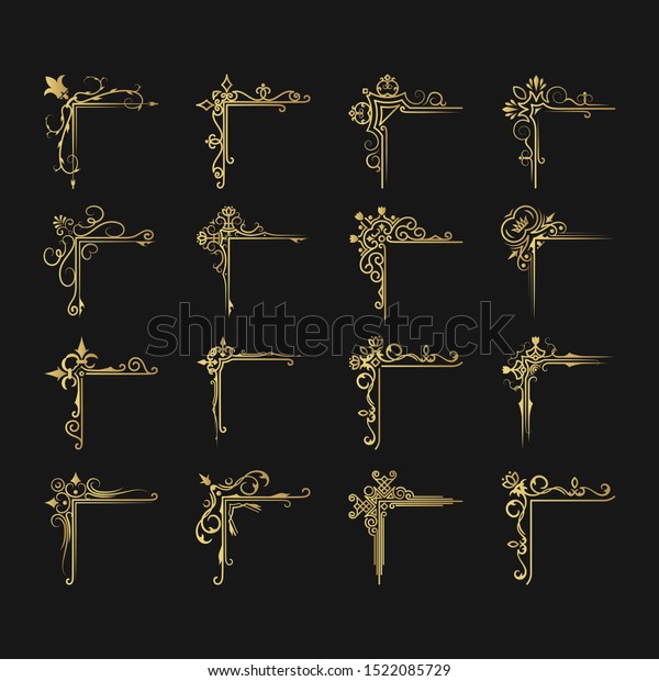 Set of hand drawn golden corners and vintage
borders. Gold calligraphic lines and wedding frames. Vector
isolated flourish decoration
elements