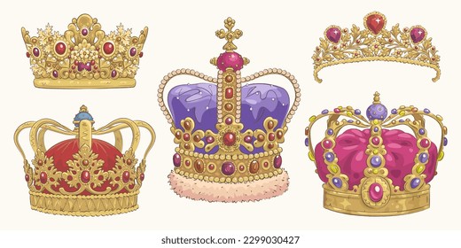 Set of hand drawn golden crowns isolated on background. Vector illustration