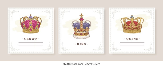 Conjunto de coronas doradas dibujadas a mano. Plantillas de banner cuadrado para aplicaciones móviles de medios sociales. Ilustración del vector