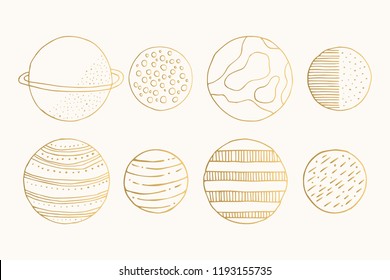 Set of hand drawn golden cute planets. 