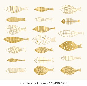 Set of hand drawn golden fishes for kids design. Scandinavian cute style. Vector isolated illustration.