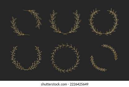 Set of hand drawn golden floral frames for wedding ornament or feminine beauty logo template