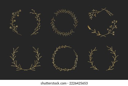 Set of hand drawn golden floral frames for wedding ornament or feminine beauty logo template