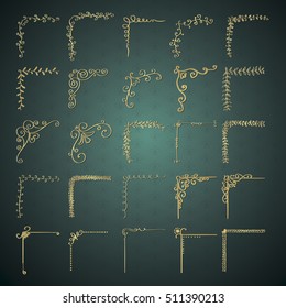Set of Hand Drawn Golden Glossy Royal Outlined Corners. Rustic Decorative Design Elements, Floral Frame Corners, Swirls, Borders. Sketched Vector Illustration.