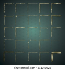 Set of Hand Drawn Golden Glossy Royal Outlined Corners. Rustic Decorative Design Elements, Floral Frame Corners, Swirls, Borders. Sketched Vector Illustration.