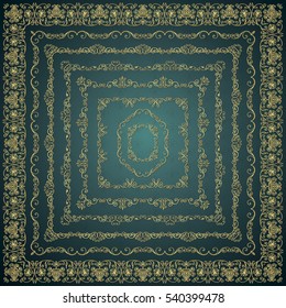 Set of Hand Drawn Golden Glossy Royal Outlined Square Frames Borders. Vintage Decorative Design Elements. Vector Illustration.