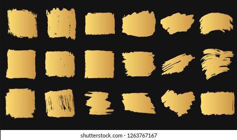 Set of hand drawn golden grunge torn box shapes. Vector isolated foil background. Edge gold frames collection. Distressed brush strokes, rough borders.