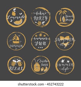 Set of hand drawn golden labels, badges, stickers of summer with hand lettering. Perfect for summer holiday, travel and vacation, restaurant and bar, menu, beach party. Vector illustrations.