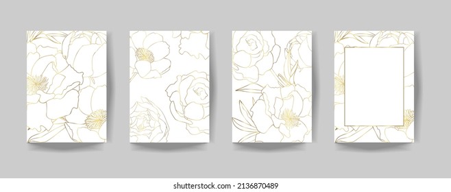 Set of hand drawn golden line peony flower on white background. Vector illustration for wedding invitation, summer sale, menu, holiday poster design and more. Romantic spring cover and frame pages.