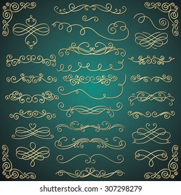 Set of Hand Drawn Golden Luxury Royal Design Elements. Decorative Glossy Swirls, Scrolls, Text Frames, Dividers. Vintage Vector Illustration.