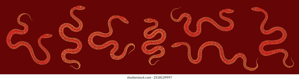 Set of hand drawn golden and red linear coiled snakes various shapes isolated on dark red background.  Outline art of reptiles as a decorative element for t-shirt design, tattoo idea, poster 