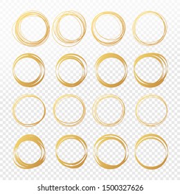 Set of hand drawn golden round pencil scribble frames. Edge torn gold box. Vector illustration hatch foil circles. Isolated on transparent background.
