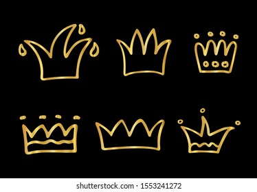 Set of hand drawn golden shining crowns. Grunge doodle style diadem silhouettes painted with ink and brush. Isolated gold logo and icon collection on black background. Vector illustration