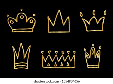 Set of hand drawn golden shining crowns. Grunge doodle style diadem silhouettes painted with ink and brush. Isolated gold logo and icon collection on black background. Vector illustration