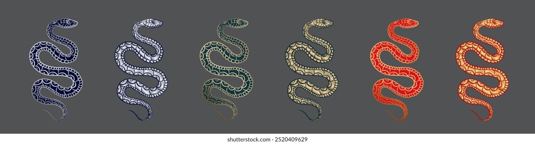 Set of hand drawn golden and silver linear coiled snake isolated on dark background. Green, red and blue sketch of reptiles as a decorative element for t-shirt design, tattoo idea, poster 