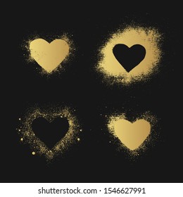 Set of hand drawn golden spray paint heart border frames for text box. Grunge background for valentines day. Vector isolated gold airbrush ink dot love banner.